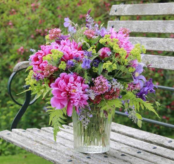 Bunter Blumenstrauss in roten, rosa und violetten Farbtoenen mit Pfingstrosen und Akelei in einer Glasvase auf einer hoelzernen Gartenbank